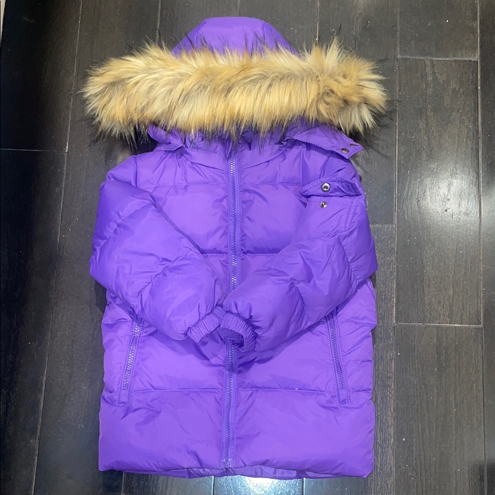 Marshalls Purple and Tan Puffer Jacket with Fur-Trimmed Hood